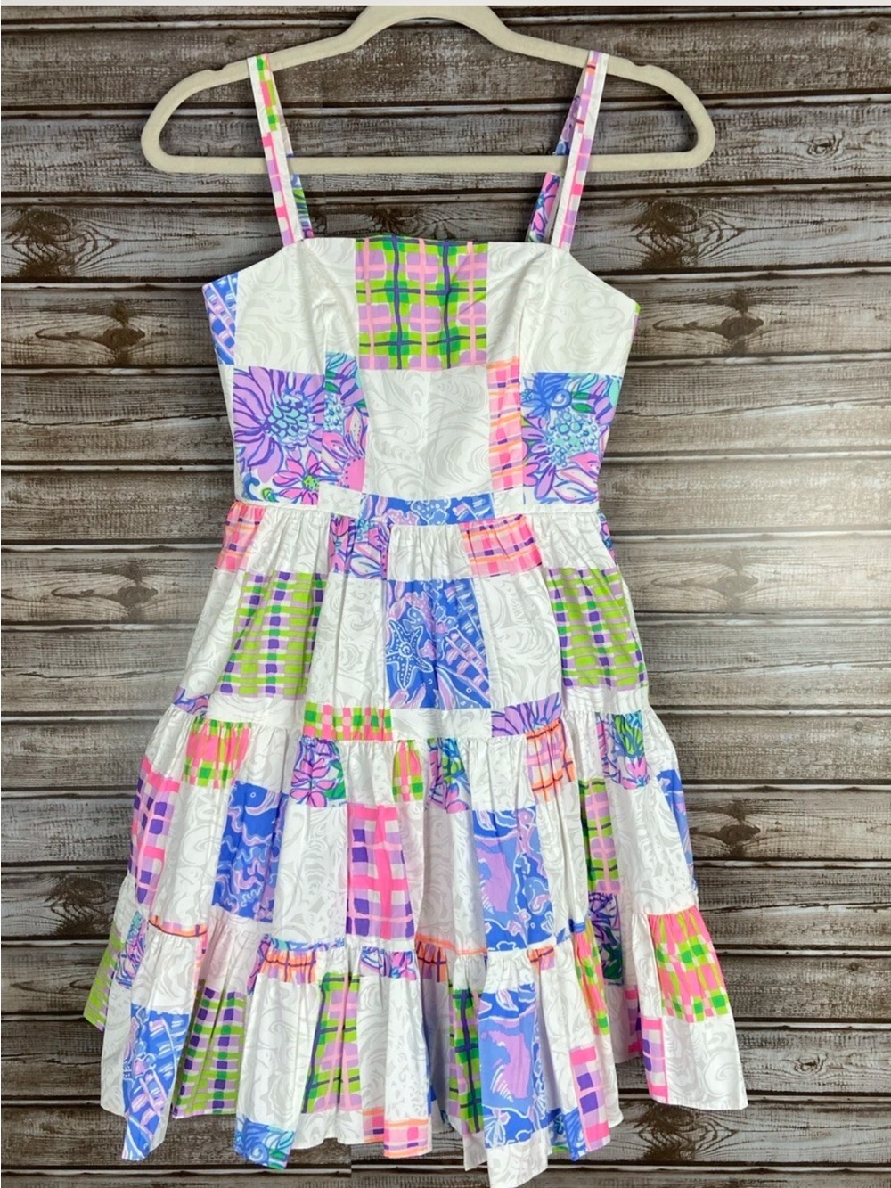 Lilly Pulitzer Alision Patch Me If You Can Poplin Fit & Flare Tiered Dress Sz 4